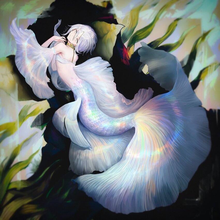 1girl bikini choker detached_sleeves fins highres looking_at_viewer mermaid monster_girl original scales seaweed short_hair siamese_fighting_fish smile solo swimsuit underwater waterstaring white_bikini white_eyes white_hair white_scales
