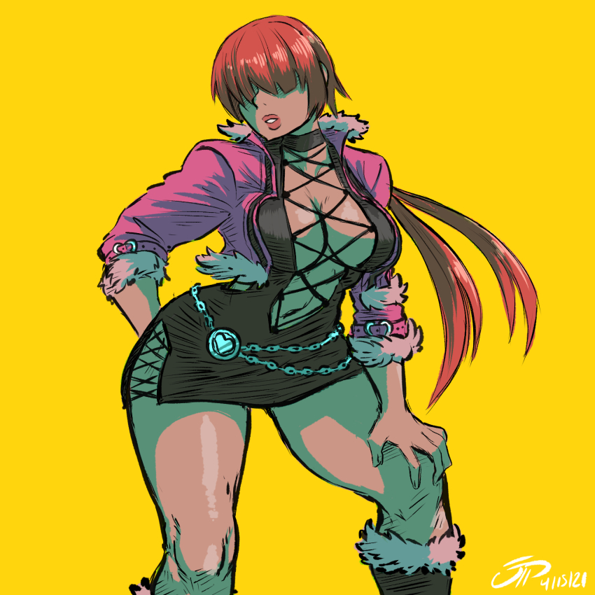 1girl bent_over boots breasts cleavage cleavage_cutout clothing_cutout curvy dress female_focus fishnets fluffy heart highres jacket large_breasts leather long_hair no_bra ponytail shermie_(kof) skirt the_king_of_fighters thick_lips thick_thighs thighs videajames wide_hips