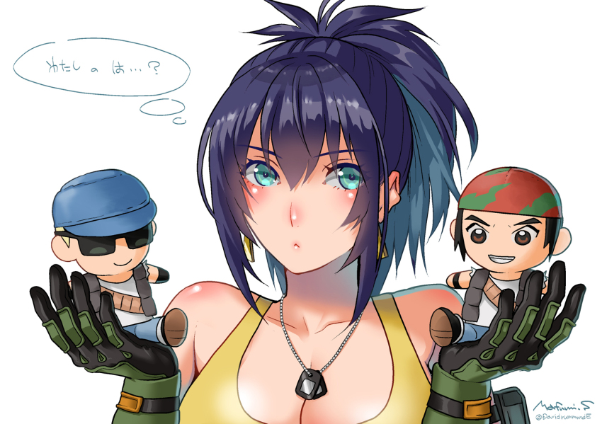 1girl bandana bare_shoulders black_hair blonde_hair blue_eyes blue_hair breasts clark_still cleavage dog_tags gloves hat holding holding_stuffed_toy leona_heidern medium_breasts ponytail ralf_jones sakura_mafumi sleeveless speech_bubble stuffed_toy sunglasses tank_top the_king_of_fighters thought_bubble yellow_tank_top