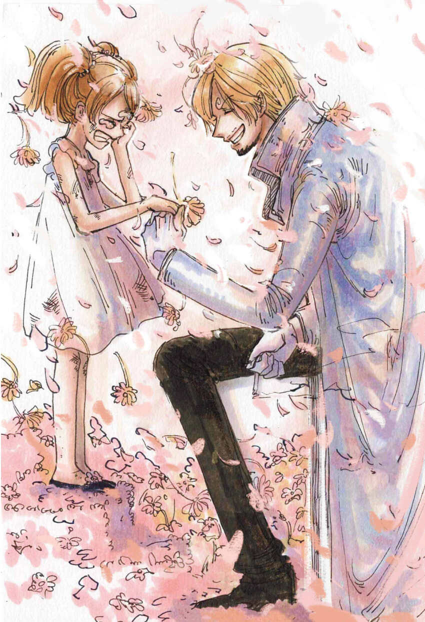 1boy 1girl aged_down black_pants blonde_hair brown_hair charlotte_pudding child cigarette clenched_teeth closed_eyes coat crying curly_eyebrows dress facial_hair falling_petals fengcheche flower from_side gloves grin hand_grab highres holding holding_cigarette holding_flower long_sleeves one_piece pants petals rubbing_eyes sanji_(one_piece) sitting sleeveless smile teeth third_eye time_paradox twintails white_coat white_gloves