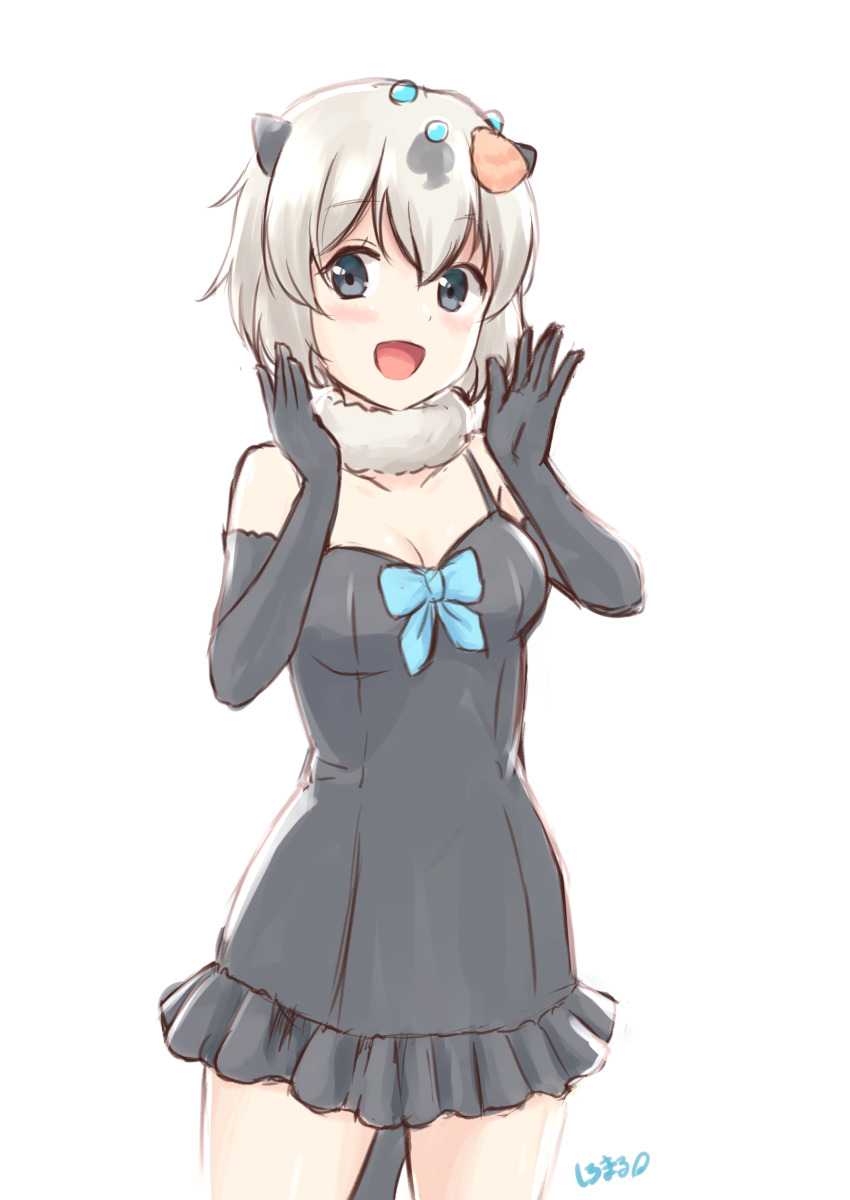 1girl :d absurdres black_eyes black_gloves black_one-piece_swimsuit blue_bow bow breasts californian_sea_otter_(kemono_friends) commentary cowboy_shot elbow_gloves gloves hair_between_eyes hair_ornament highres kemono_friends looking_at_viewer medium_breasts neck_ruff one-piece_swimsuit open_mouth shiraha_maru short_hair simple_background smile solo swimsuit tail white_background white_hair