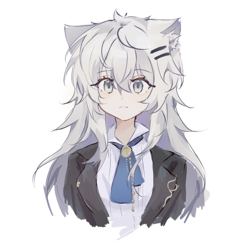 1girl animal_ears arknights ascot black_jacket blue_ascot grey_eyes grey_hair hair_ornament hairclip highres jacket lappland_(arknights) long_hair looking_at_viewer open_clothes open_jacket shirt solo su:3 upper_body very_long_hair white_shirt wolf_ears