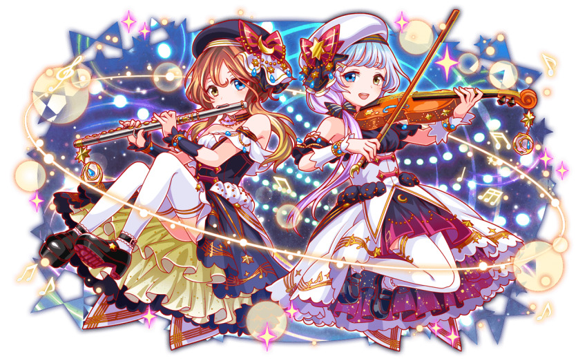 2girls anime_coloring ankle_belt aqua_eyes aqua_gemstone aqua_hair artist_request bare_shoulders beamed_eighth_notes beamed_sixteenth_notes belt belt_buckle beret black_belt black_corset black_footwear black_hat black_shirt black_skirt black_sleeves blonde_hair bow bow_(music) bracelet buckle colored_shoe_soles corset crash_fever crescent crescent_ornament detached_sleeves flute full_body galilei_(crash_fever) galileo_(crash_fever) game_cg gold_bracelet gold_buckle gold_trim gradient_clothes gradient_skirt hair_between_eyes hair_bow hair_over_shoulder hat hexagram holding holding_flute holding_instrument holding_violin horizontal-striped_bow instrument jewelry lace lace-trimmed_skirt lace_trim layered_skirt light_brown_hair light_particles loafers long_hair looking_at_viewer low-tied_long_hair multicolored_hair multiple_girls music musical_note musical_note_print number_print numbered octagram official_art open_mouth outline pink_skirt pinstripe_bow pinstripe_pattern playing_instrument print_skirt purple_hair red_bow red_outline shirt shoes short_sleeves side_ponytail sixteenth_note skirt sleeve_bow sparkle sparkle_print square square_print star_ornament strapless strapless_shirt striped_bow tachi-e teardrop-shaped_gem teeth thighhighs third-party_source transparent_background treble_clef two-tone_hair underbust upper_teeth_only violin white_bow white_corset white_hair white_hat white_shirt white_skirt white_sleeves white_stripes white_thighhighs wide_sleeves yellow_eyes yellow_skirt