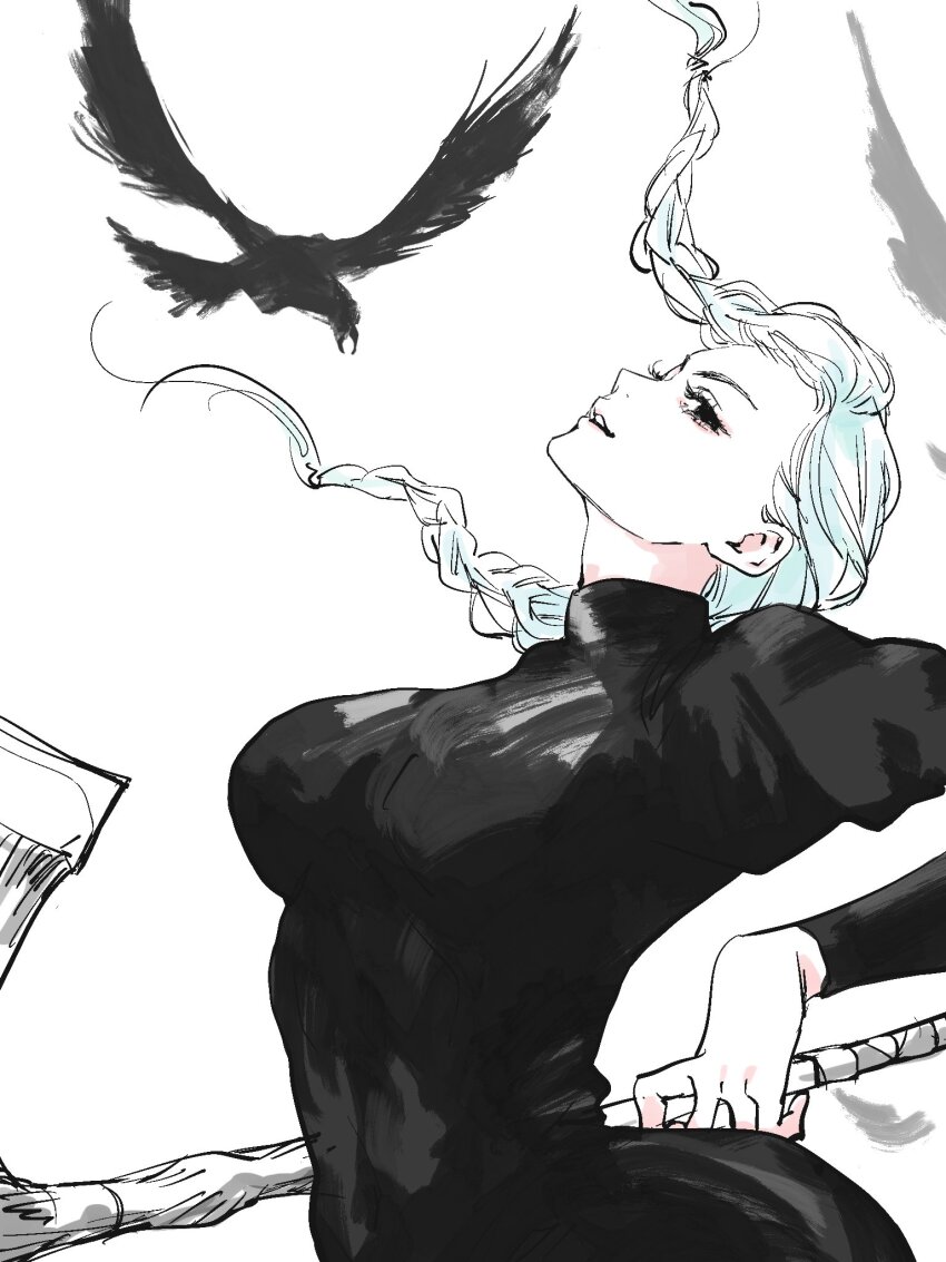 1girl aqua_hair arched_back axe bird black_dress braid braided_bangs breasts dress highres holding holding_axe jujutsu_kaisen large_breasts long_hair looking_at_viewer mei_mei_(jujutsu_kaisen) multiple_braids needbee_r parted_lips solo turtleneck turtleneck_dress upper_body white_background