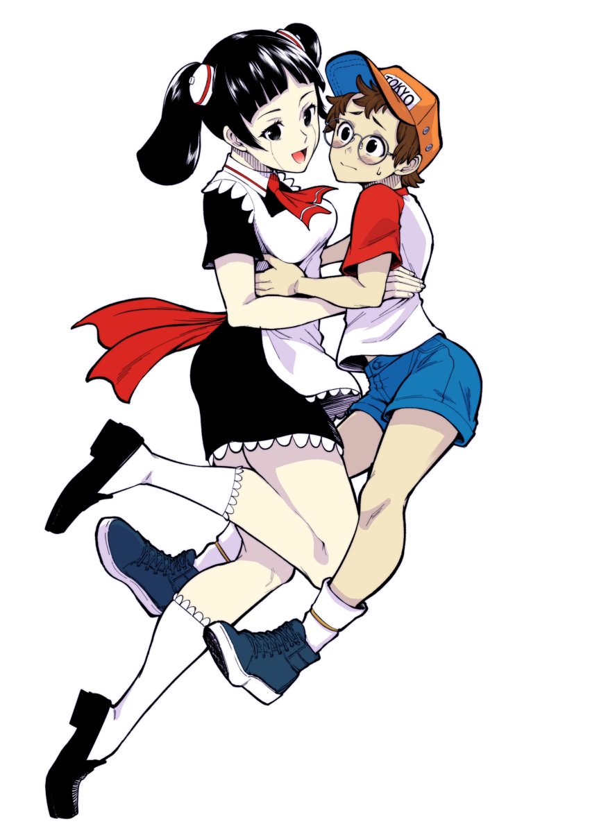 1boy 1girl absurdres alternate_form apron artist_request black_eyes black_footwear black_hair blush boku_to_roboco boots brown_hair embarrassed english_text glasses hair_ornament hat highres long_hair maid maid_apron open_mouth roboco_(boku_to_roboco) robot shirt shoes short_hair simple_background source_request taira_bondo twintails white_background