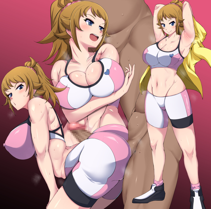 1boy 1girl armpit_sex armpits arms_behind_head ass bare_shoulders bike_shorts blue_eyes breasts brown_hair buttjob buttjob_over_clothes full_body grinding gundam gundam_build_fighters gundam_build_fighters_try highres hoshino_fumina huge_ass itomaruzz large_breasts long_hair looking_back midriff multiple_views navel penis penis_on_ass ponytail ptrj4222 red_background smile solo_focus sports_bra sweat toned