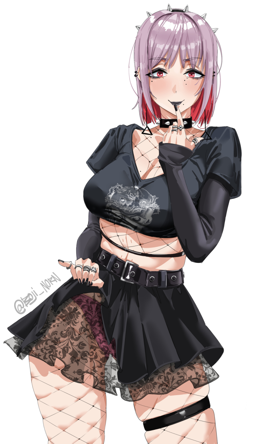 1girl alternate_costume belt black_belt black_lips black_nails black_shirt black_skirt boji_norn breasts chainsaw_man cleavage clothes_lift collar colored_inner_hair commentary crop_top earrings english_commentary fami_(chainsaw_man) fishnet_pantyhose fishnets hairband highres index_finger_raised jewelry large_breasts looking_at_viewer multicolored_hair panties pantyhose pink_eyes pink_hair pink_panties purple_hair ring shirt short_hair simple_background skirt skirt_lift solo spiked_collar spiked_hairband spikes thigh_strap underwear white_background
