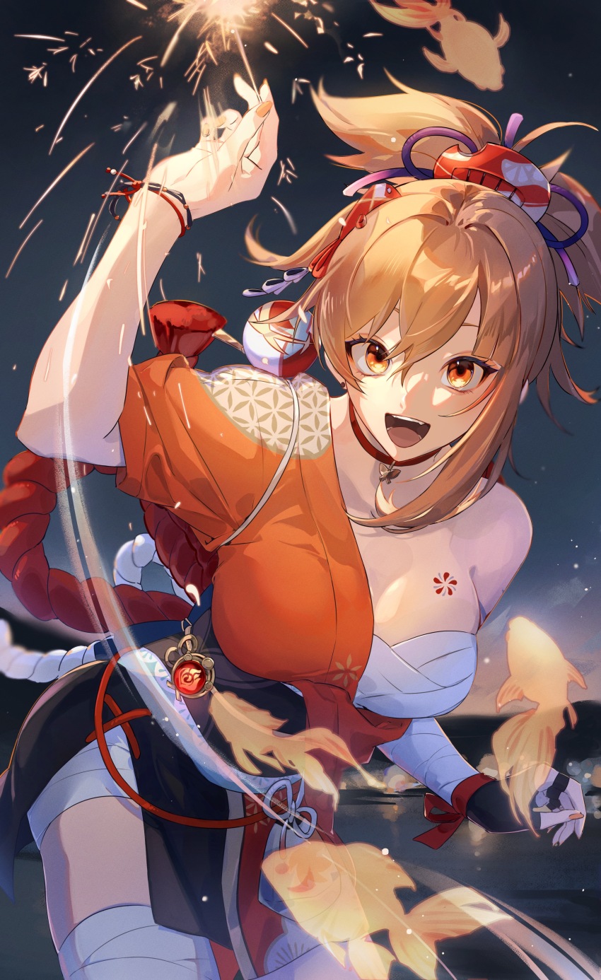1girl absurdres arm_up bandaged_arm bandaged_leg bandages black_sky bracelet breasts butterfly_choker chest_sarashi chest_tattoo choker cowboy_shot fingerless_gloves fireworks flower_tattoo genshin_impact gloves hadanugi_dousa hand_up highres holding holding_fireworks japanese_clothes jewelry kimono koi large_breasts leaning_forward looking_at_viewer nail_polish night night_sky open_clothes open_kimono open_mouth orange_eyes orange_hair orange_kimono orange_nails outdoors red_choker rope sarashi shimenawa shishamo_(4731) short_kimono single_fingerless_glove sky solo sparkler tattoo updo vision_(genshin_impact) yoimiya_(genshin_impact)