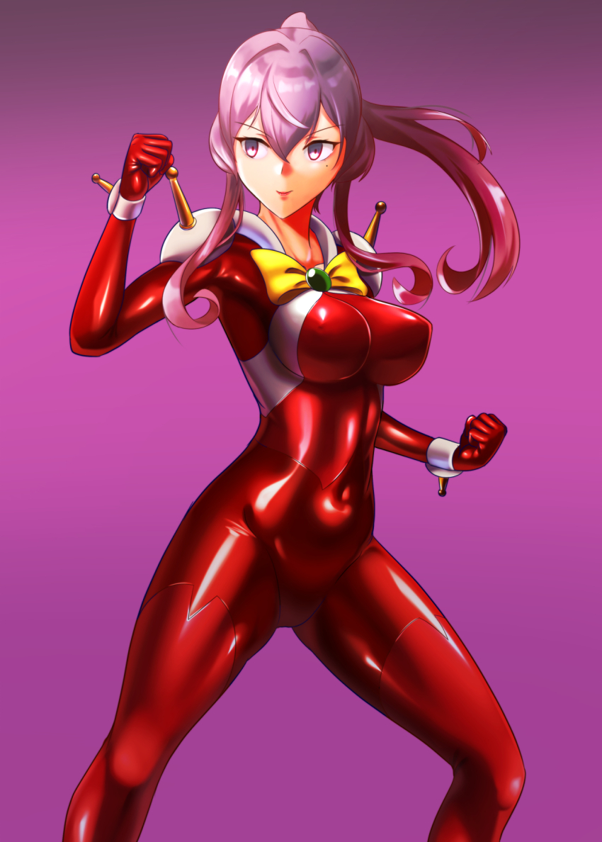 1girl allenby_beardsley allenby_beardsley_(cosplay) bodysuit breasts cosplay fighting_stance g_gundam gotland_(kancolle) gundam hair_between_eyes highres kantai_collection large_breasts long_hair looking_at_viewer mecha_pilot_suit mobile_trace_suit mole mole_under_eye pink_background pink_hair red_bodysuit skin_tight smile solo wata_nuki