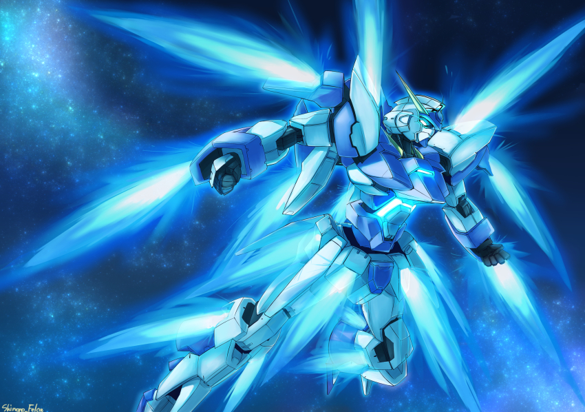 absurdres artist_name clenched_hands energy_blade fx_burst glowing gundam gundam_age gundam_age-fx highres mecha mecha_focus mobile_suit no_humans robot shinono_felca space v-fin