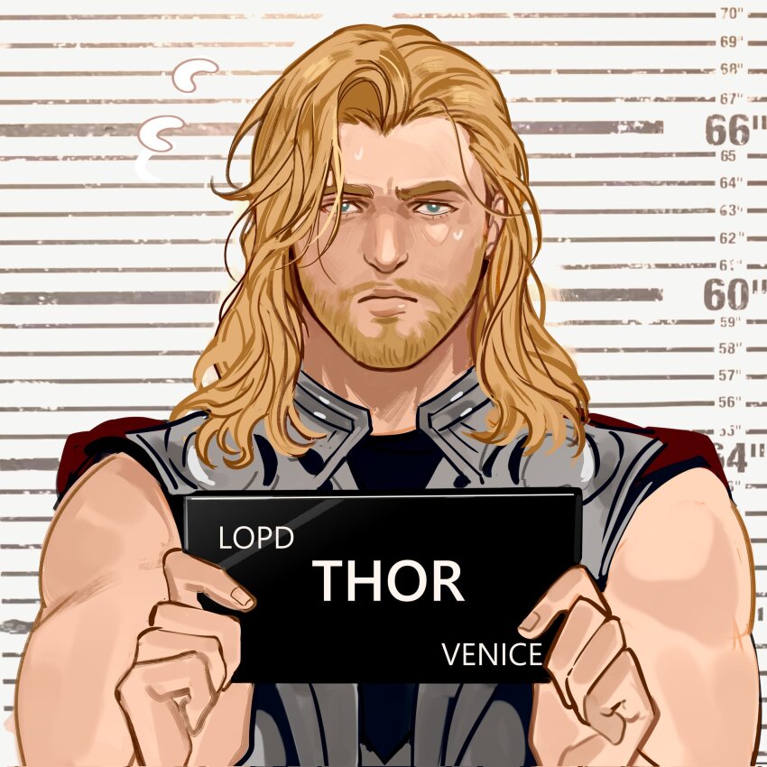 1boy armor barbie_mugshot_(meme) bare_shoulders beard blonde_hair blue_eyes cape character_name closed_mouth facial_hair fingernails grey_armor hands_up highres holding holding_sign long_hair looking_at_viewer male_focus marvel marvel_cinematic_universe meme mugshot muscular muscular_male red_cape sign solo sweatdrop thor_(marvel) upper_body wavy_hair wuhen678