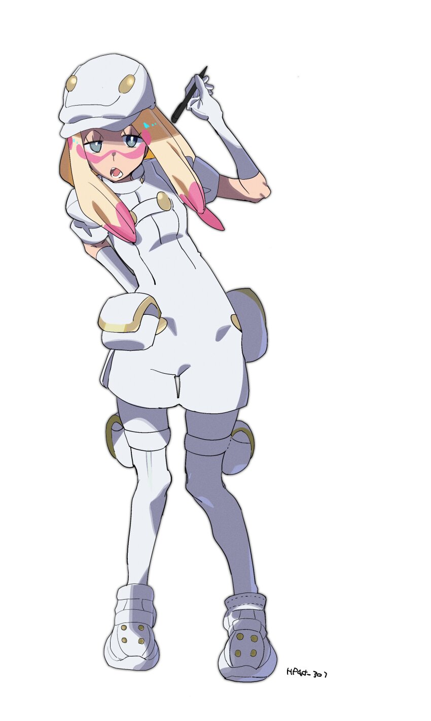 1girl aether_foundation_employee aether_foundation_employee_(cosplay) aether_foundation_employee_(female) arm_behind_back blonde_hair blue_eyes bright_pupils facing_viewer full_body gloves half-closed_eyes hat holding holding_stylus hp45_301 long_hair looking_at_viewer mina_(pokemon) nintendo open_mouth paint_in_hair paint_splatter paint_splatter_on_face pokemon pokemon_sm pouch shoes solo stylus white_background