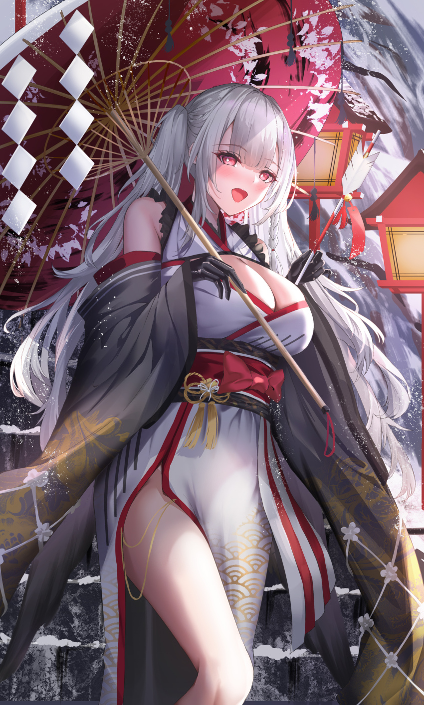 1girl absurdres alternate_costume azur_lane bare_shoulders black_gloves breasts cleavage feet_out_of_frame gloves highres huge_breasts japanese_clothes kimono kirisamede_gzr new_year oil-paper_umbrella open_mouth print_kimono red_eyes red_sash red_umbrella sash scylla_(azur_lane) snowing solo umbrella white_kimono winter