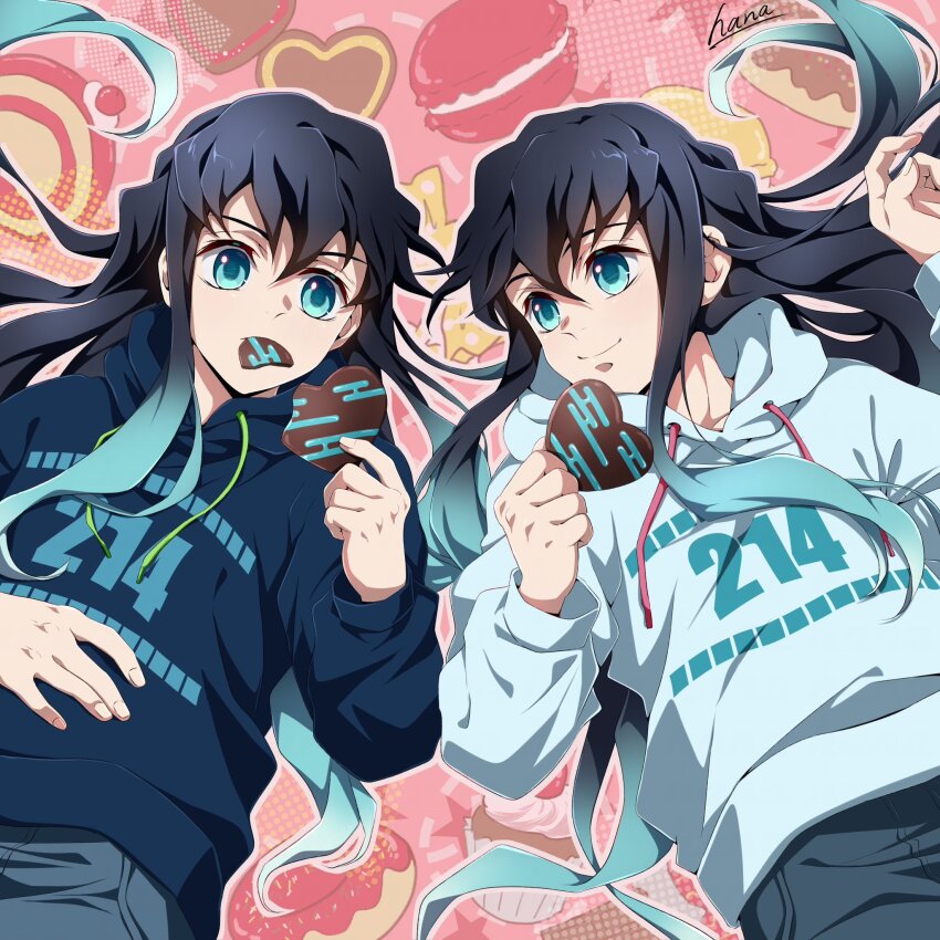 2boys alternate_costume aqua_eyes aqua_hair aqua_hoodie black_hair black_pants blue_hoodie brothers chocolate closed_mouth cupcake donut food gradient_hair hana_ni_nare highres holding holding_chocolate holding_food hood hoodie kimetsu_no_yaiba long_hair long_sleeves macaron male_focus mouth_hold multicolored_hair multiple_boys pants pink_background siblings simple_background smile tokitou_muichirou tokitou_yuichirou twins two-tone_hair valentine