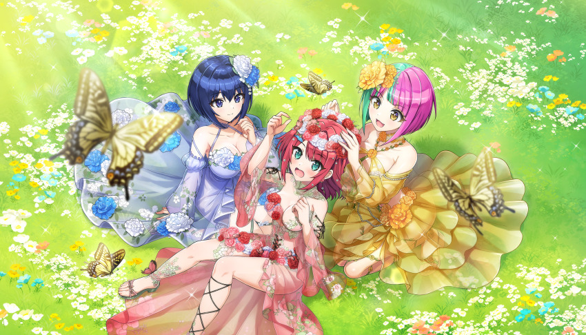 3girls aqua_eyes blue_dress blue_eyes blue_flower blue_hair bob_cut breasts bug butterfly butterfly_on_leg choker cleavage closed_mouth day detached_sleeves diagonal_bangs dolphin_wave dress earrings field floral_dress floral_print floral_print_dress flower flower_choker flower_dress flower_earrings flower_field flower_trim game_cg green_hair hair_flower hair_ornament head_wreath helly_lewis highres insect jewelry large_breasts light_blush medium_breasts medium_hair multicolored_hair multiple_girls non-web_source official_art on_grass ootomo_takuji open_mouth pink_dress pink_hair print_dress red_flower red_hair sakimiya_kohari seiza short_hair sitting smile split-color_hair sunlight surprised tojou_michiru two-tone_hair yellow_butterfly yellow_dress yellow_eyes yellow_flower
