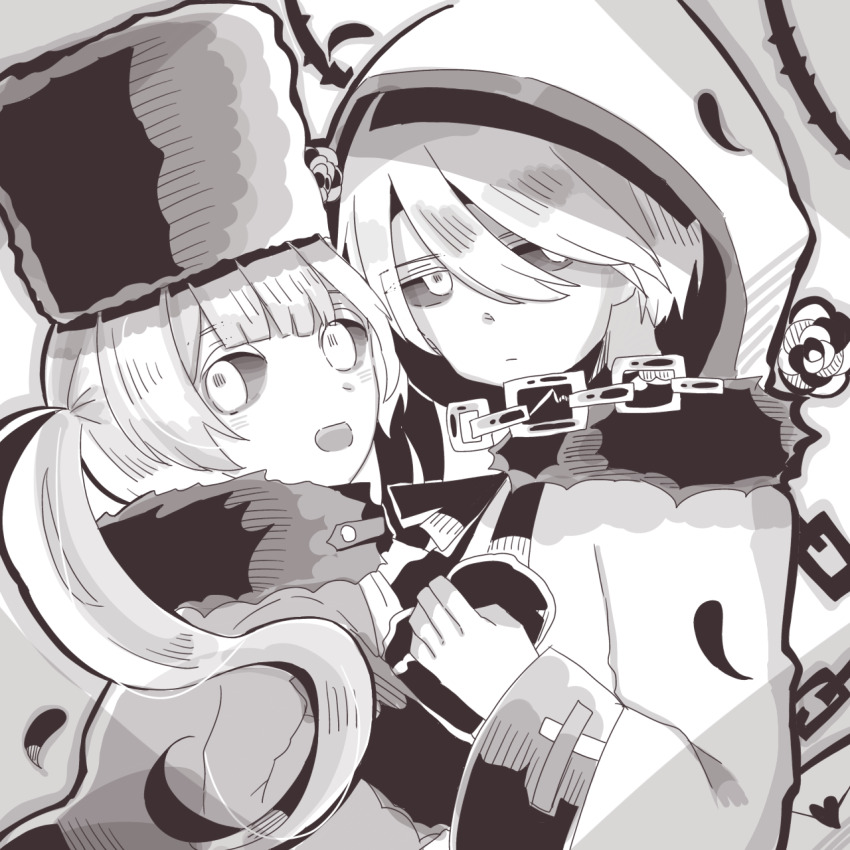 1boy 1girl black_sclera chain closed_mouth coat colored_sclera flower fur_trim grimms_echoes hat hat_flower highres holding_hands hood long_hair long_sleeves monochrome open_mouth short_hair smile twintails upper_body user_sjtw2272 void_gerda_(grimms_echoes) void_kai_(grimms_echoes) winter_gloves