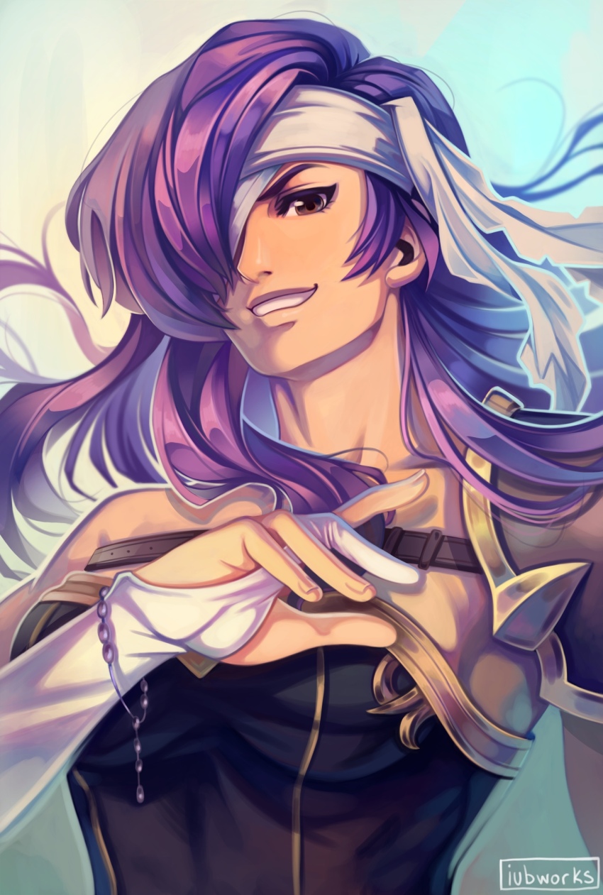1girl artist_name bandage_over_one_eye breasts commentary fire_emblem fire_emblem:_new_mystery_of_the_emblem fire_emblem_heroes headband highres iubworks large_breasts long_hair malice_(fire_emblem) nintendo purple_hair single_shoulder_pad smile solo twitter_username upper_body white_headband