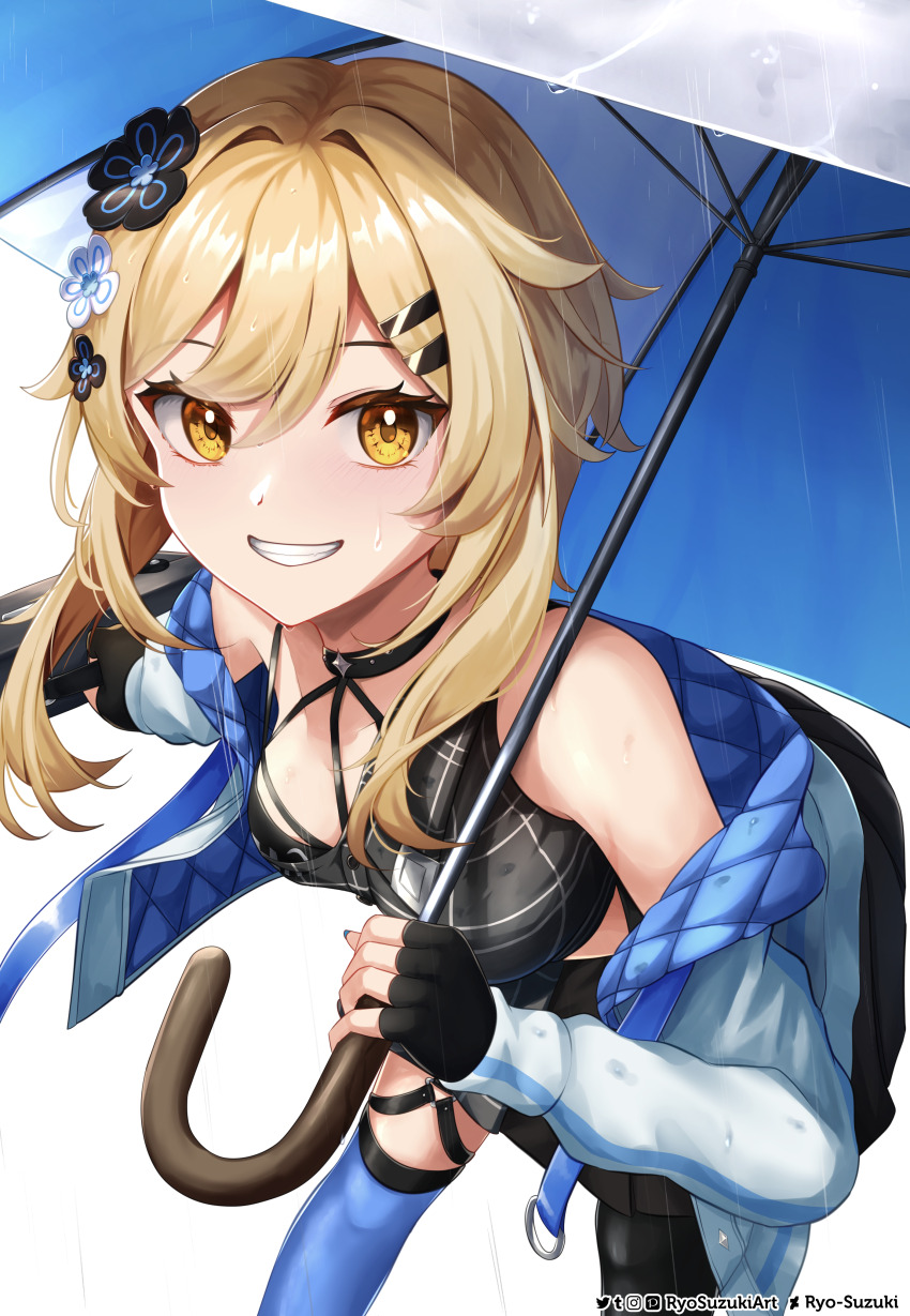 1girl absurdres alternate_costume bare_shoulders blonde_hair blue_jacket blue_thighhighs blush breasts commentary dress english_commentary flower genshin_impact grin hair_between_eyes hair_flower hair_ornament halterneck highres holding holding_umbrella jacket long_hair looking_at_viewer lumine_(genshin_impact) medium_breasts multicolored_jacket rain ryo-suzuki short_hair short_hair_with_long_locks sidelocks smile solo thighhighs two-tone_jacket umbrella wet wet_clothes white_background yellow_eyes