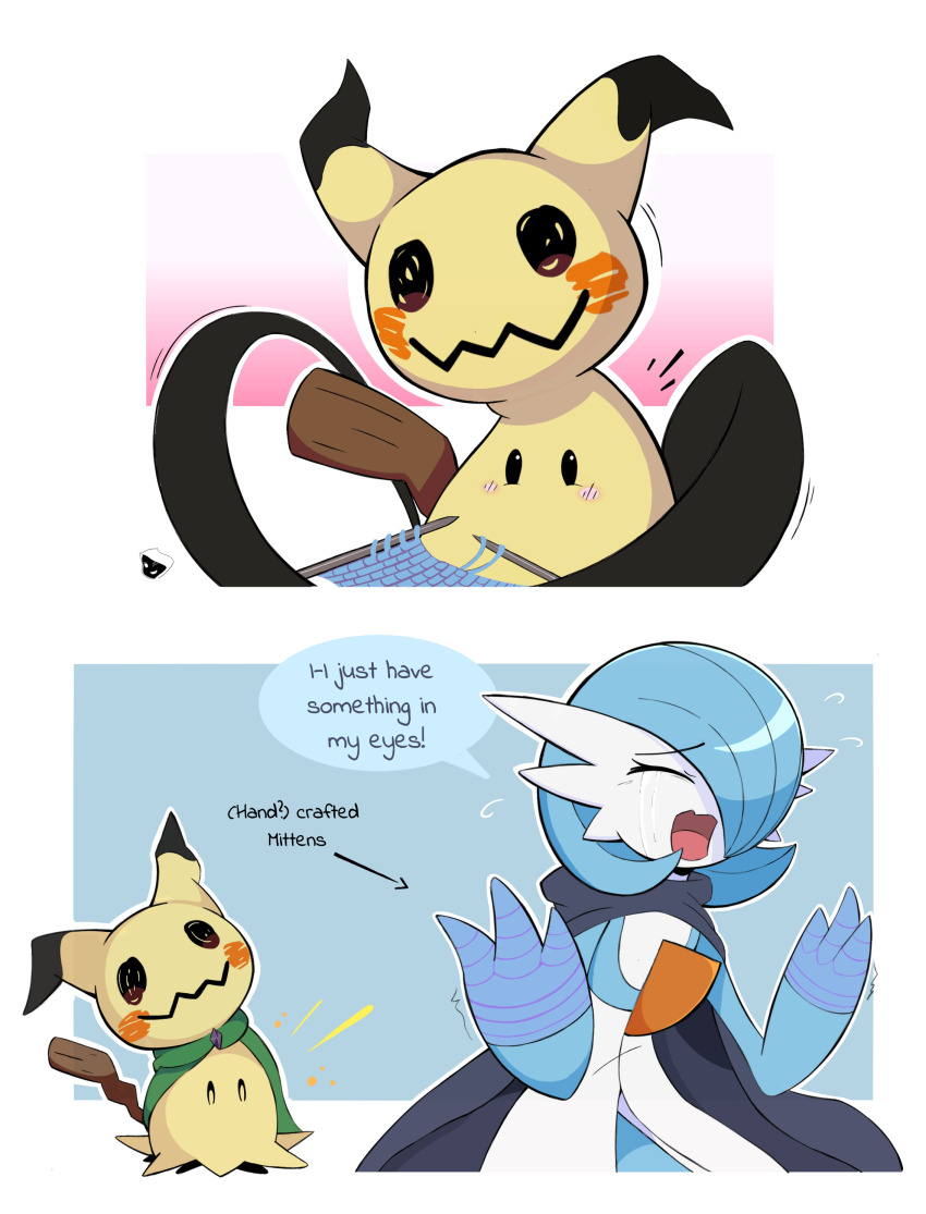 1girl 2koma ^_^ absurdres alternate_color arrow_(symbol) black_cape black_eyes blue_gloves blue_hair blue_skin blush blush_stickers bob_cut cape closed_eyes clothed_pokemon colored_skin comic crying english_text female_focus flat_chest flying_sweatdrops gardevoir gem gen_3_pokemon gen_7_pokemon gloves green_cape hair_over_one_eye hands_up happy highres knitting knitting_needle mimikyu mr._death multicolored_skin multiple_views needle nintendo notice_lines one_eye_covered open_mouth outline pokemon pokemon_(creature) purple_gemstone shiny_pokemon short_hair solid_oval_eyes speech_bubble standing talking tears two-tone_skin watermark white_outline white_skin