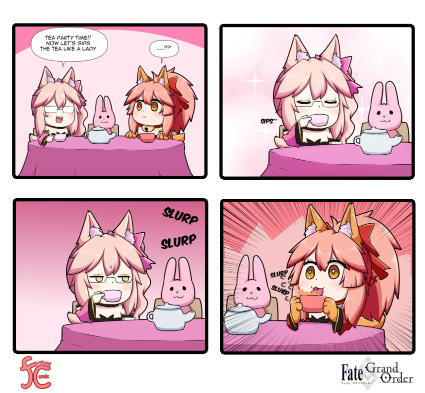 2girls animal_ear_fluff animal_ears animal_hands bell bow cat_paws collar cup detached_sleeves drinking english_text fate/grand_order fate_(series) fox_ears fox_girl fox_tail glasses gloves hair_ornament highres japanese_clothes jingle_bell keita_naruzawa kimono koyanskaya_(fate) licking multiple_girls open_mouth paw_gloves pink_bow pink_hair pink_kimono pink_ribbon ponytail red_kimono red_ribbon ribbon side_ponytail simple_background speech_bubble tail tamamo_(fate) tamamo_cat_(fate) tamamo_cat_(first_ascension)_(fate) teacup tongue yellow_eyes