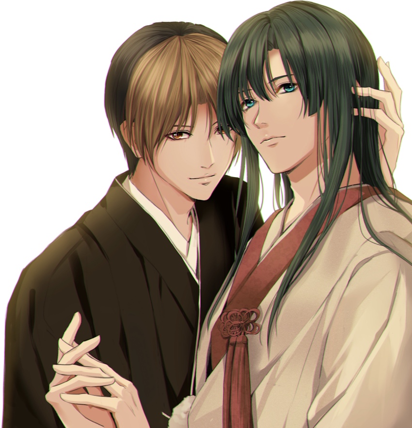 2boys aqua_eyes arm_up bishounen black_hair black_kimono brown_eyes brown_hair chromatic_aberration couple hand_on_another&#039;s_head hand_up highres hikaru_no_go holding_hands husband_and_husband interlocked_fingers japanese_clothes kimono light_smile long_hair looking_at_viewer luanma_luanma male_focus multicolored_hair multiple_boys shindou_hikaru short_hair side-by-side sidelocks touya_akira two-tone_hair uchikake upper_body wedding white_kimono yaoi