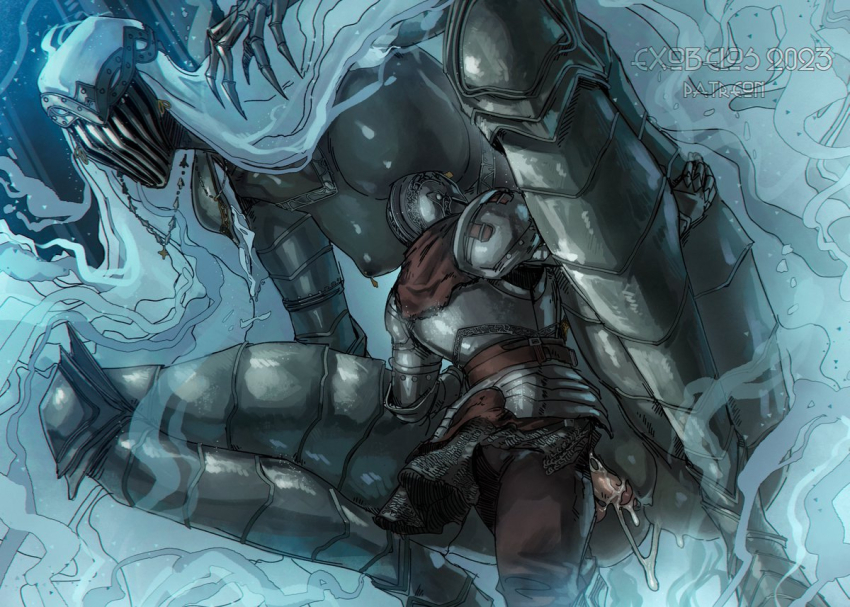 1boy 1girl armor ashen_one_(dark_souls) black_skin breasts colored_skin covered_face dancer_of_the_boreal_valley dark_souls_(series) dark_souls_iii exobelos giant giantess hetero large_breasts mask nipples pussy sex size_difference squatting standing standing_sex