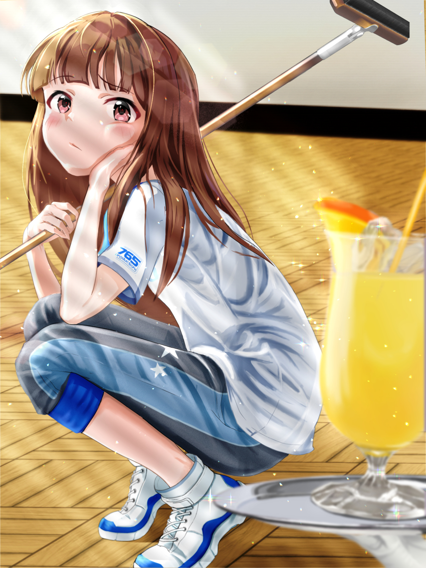 1girl 1other absurdres blurry blurry_foreground blush broom brown_eyes brown_hair child closed_mouth drink full_body glass grey_pants hand_on_own_cheek hand_on_own_face highres holding holding_broom holding_tray idolmaster idolmaster_(classic) long_hair looking_at_viewer minase_iori official_alternate_hairstyle out_of_frame pants seibunchou_(kxvs8474) shirt shoes short_sleeves sneakers solo_focus squatting tray white_shirt white_shoes