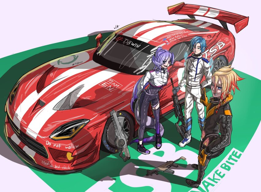 1girl 2boys american_flag apex_legends assault_rifle australian_flag axel_syrios black_bodysuit black_footwear black_jumpsuit black_thighhighs blonde_hair blue_eyes blue_hair bodysuit canadian_flag car commentary cropped_jacket dodge_(company) dodge_viper dragon_girl dragon_tail english_commentary english_text gun head_wings heterochromia highres holding holding_gun holding_weapon jumpsuit justuskuro motor_vehicle multicolored_hair multiple_boys nemesis_burst_ar nijisanji nijisanji_en parted_lips purple_eyes purple_hair r-99_smg race_vehicle racecar racing_suit red_car red_hair regis_altare rifle selen_tatsuki sentinel_esr shoes single_thighhigh smile sneakers sniper_rifle spoiler_(automobile) streaked_hair submachine_gun tail thighhighs v-shaped_eyebrows vehicle_focus virtual_youtuber weapon wings