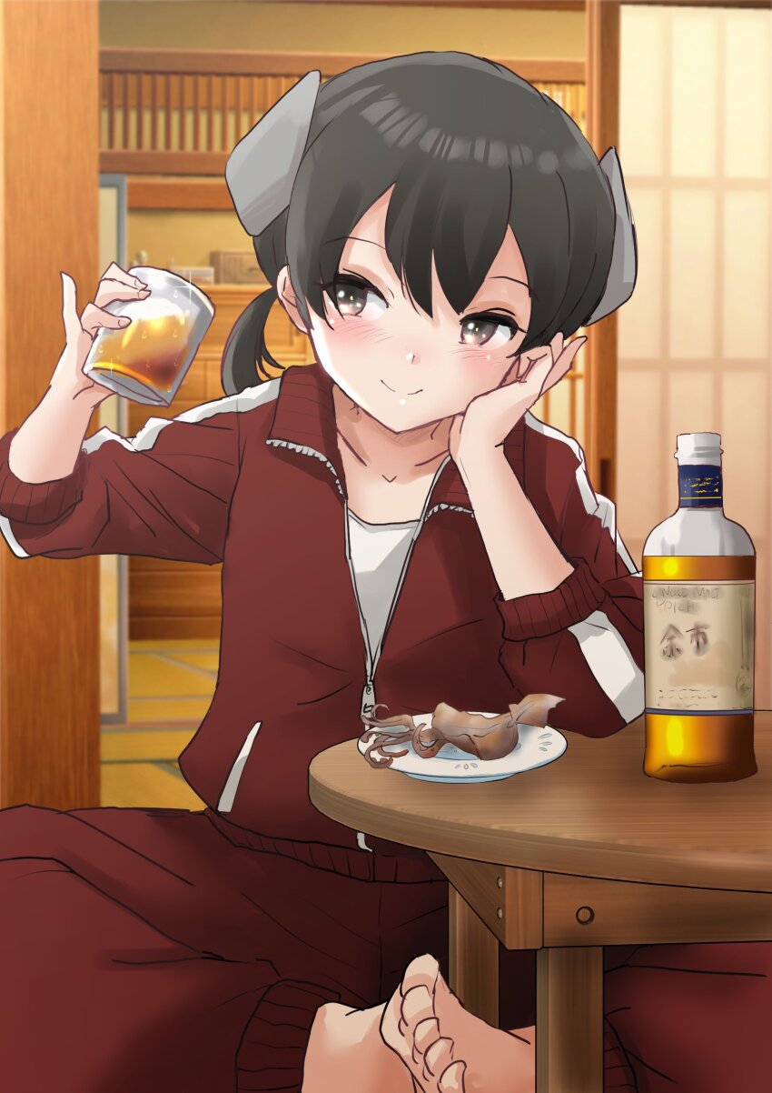 1girl alcohol alternate_costume barefoot black_hair bottle brown_eyes commentary_request cup drinking_glass fuji_(pixiv24804665) hand_on_own_face highres i-41_(kancolle) indian_style jacket kantai_collection low_ponytail pants ponytail red_jacket red_pants short_hair sitting solo table track_jacket track_pants track_suit whiskey