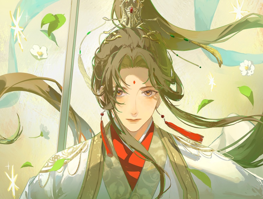1boy aqua_theme beads brown_eyes brown_hair brown_theme chinese_clothes close-up closed_mouth cool_colored curtained_hair earrings eyelashes falling_flower falling_leaves floating_hair flower gem glint gold_trim green_theme hair_beads hair_ornament hanfu high_ponytail highres huadian jade_(gemstone) jewelry leaf light_smile long_hair long_sidelocks male_focus mirekhot parted_bangs pearl_earrings ponytail puffy_lips red_gemstone red_hanfu sidelocks simple_background simple_flower sparkle straight-on straight_hair sword tareme tassel tassel_earrings tassel_hair_ornament tianguan_cifu upper_body very_long_hair weapon white_flower white_hanfu white_theme xiao_guan_(headdress) xie_lian xie_lian_(flower_crowned_martial_god) yellow_background yellow_theme