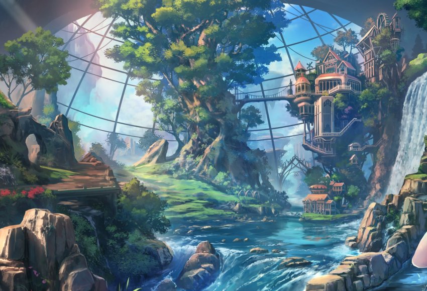 absurdly_detailed_composition arch blue_sky bridge building cloud complex_exterior day dome fantasy flower gable_roof gazebo gears highres light_rays original out_of_frame outdoors river rock scenery sky soraizumi sunlight tree treehouse unfinished water waterfall