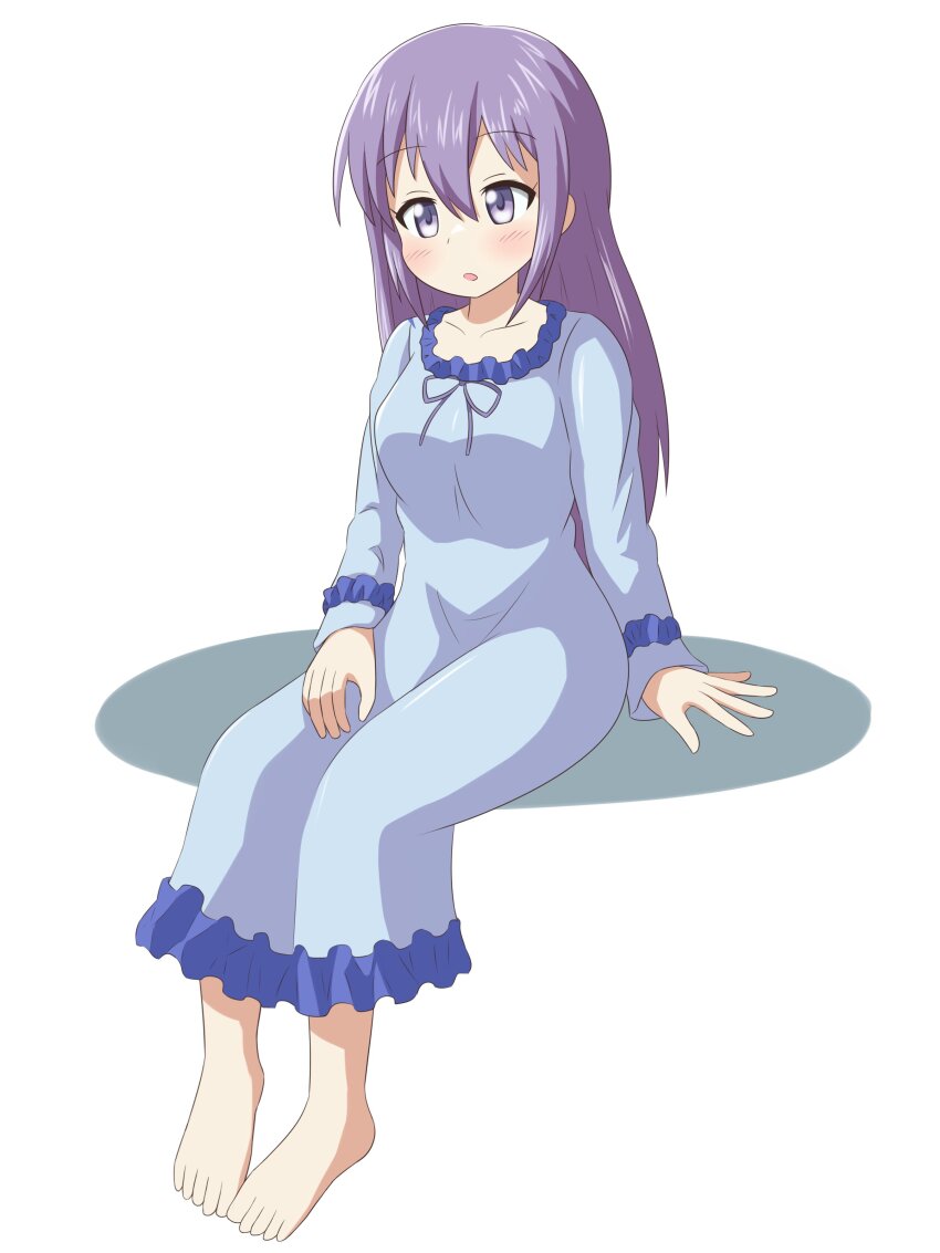 1girl absurdres barefoot blush breasts collarbone dot_nose feet female_focus full_body highres koisuru_asteroid long_hair long_sleeves medium_breasts nanog_eb1994 nightgown no_shoes no_socks open_mouth pajamas purple_eyes purple_hair simple_background sitting solo suzuya_moe