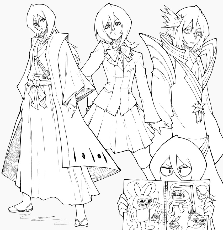 1girl absurdres animal_costume apu_apustaja bleach bleach:_sennen_kessen-hen bow chair contrast full_body hair_ornament hakka_no_togame_(bankai) hand_on_own_hip haori highres holding holding_notebook jacket japanese_clothes karakura_high_school_uniform kekel kimono kuchiki_rukia long_bangs long_hair long_sleeves looking_at_viewer meme multiple_views notebook on_chair pepe_the_frog rabbit_costume sado_yasutora sandals sash school_uniform sheath sheathed shirt short_hair skirt socks sword taichou_haori weapon wide_sleeves yes_chad_(meme) zouri
