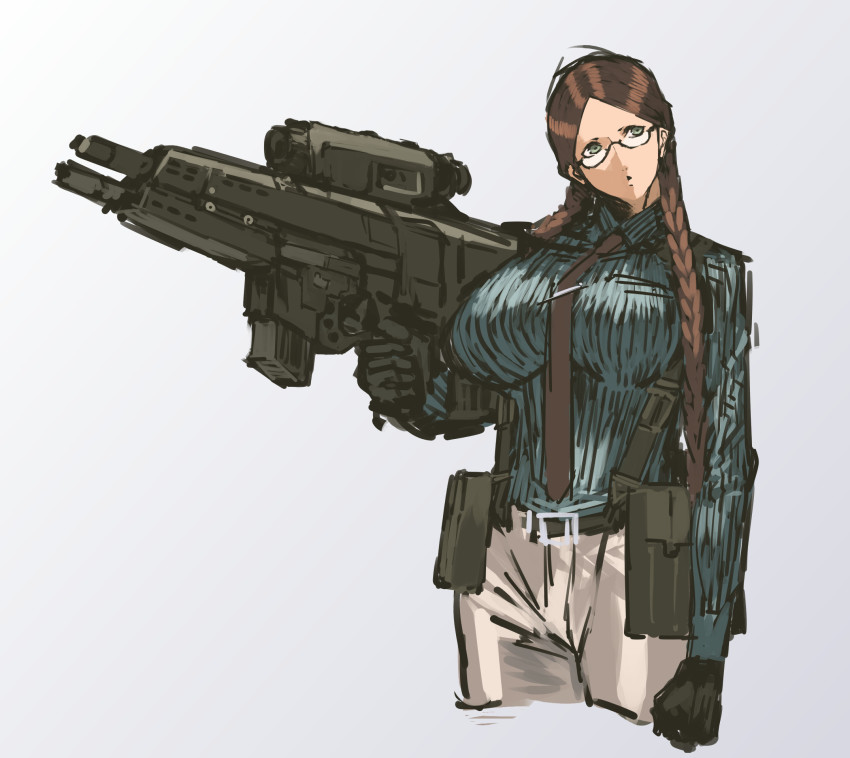 1girl airburst_grenade_launcher alliant_techsystems assault_rifle bad_anatomy belt_pouch black_gloves braid breasts brown_hair bullpup carbine clenched_hand computerized_scope contraves_brashear_systems cropped_legs female_focus glasses glasses_girl_(nameo) gloves gradient_background grenade_launcher grey_eyes gun hair_over_shoulder head_tilt heckler_&amp;_koch highres holding holding_gun holding_weapon huge_weapon l-3_communications_corporation l3_technologies large_breasts long_hair military military_program modular_weapon_system multi-weapon multiple-barrel_gun nameo_(judgemasterkou) necktie night-vision_device objective_individual_combat_weapon_(military_program) objective_infantry_combat_weapon_(military_program) original parted_bangs poorly_drawn pouch precision-guided_firearm prototype_design rifle scope selectable_assault_battle_rifle_(military_program) semi-automatic_grenade_launcher semi-rimless_eyewear short-barreled_rifle sight_(weapon) smart_scope solo suspenders telescopic_sight thermal_weapon_sight transforming_weapon trigger_discipline twin_braids under-barrel_configuration under-rim_eyewear underbarrel_assault_rifle underbarrel_rifle weapon xm104_(smart_scope) xm29_oicw