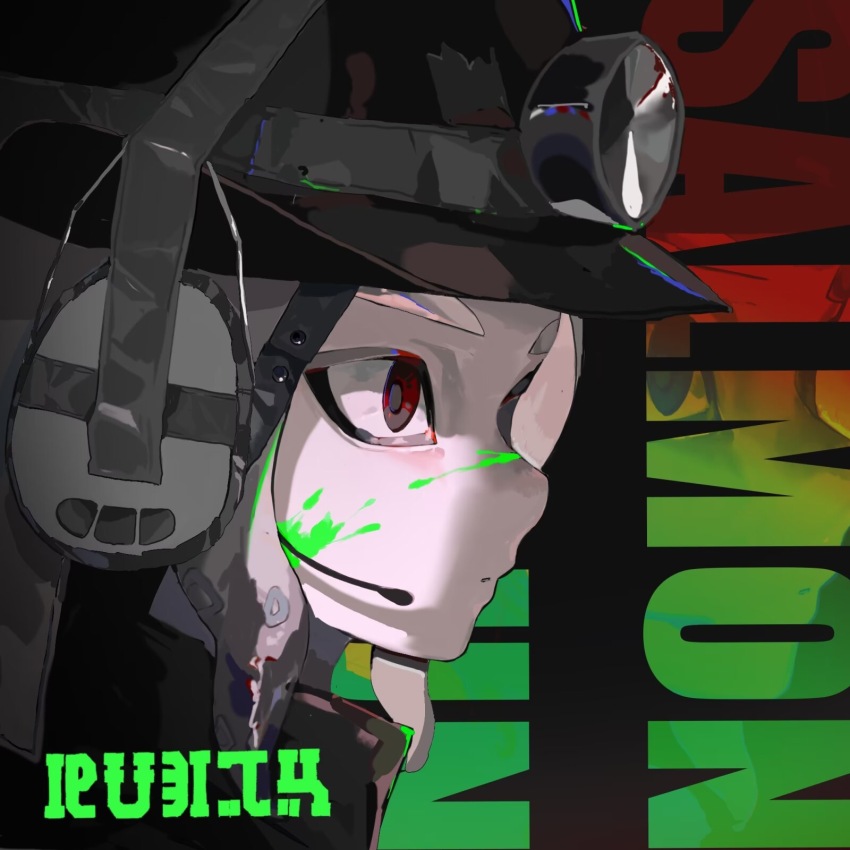 1girl black_hat chinese_commentary commentary_request from_side grey_hair hat headlamp headphones highres inkling_(language) kuma_(yoooooooo152) nintendo octoling octoling_girl octoling_player_character parted_lips portrait profile red_eyes short_hair solo splatoon_(series) splatoon_3 tentacle_hair