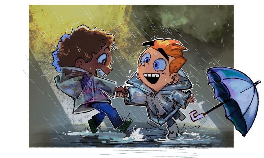 1boy 1girl 3459pigeon blue_eyes brown_hair child coat dev_dimmadome full_body hazel_wells highres holding_hands open_mouth orange_hair pants rain raincoat see-through_clothes see-through_coat shoes smile teeth the_fairly_oddparents the_fairly_oddparents:_a_new_wish umbrella upper_teeth_only