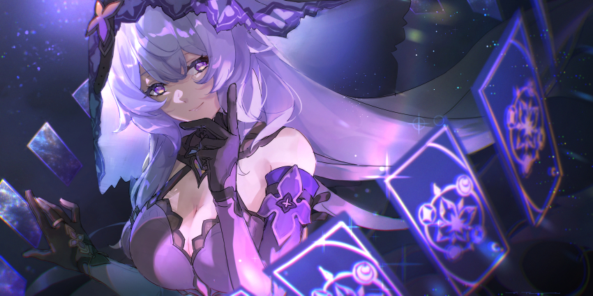 absurdres black_gloves black_swan_(honkai:_star_rail) breasts card detached_sleeves gloves highres honkai:_star_rail honkai_(series) large_breasts multicolored_eyes playing_card purple_hair smile veil yama_ta_yomogi