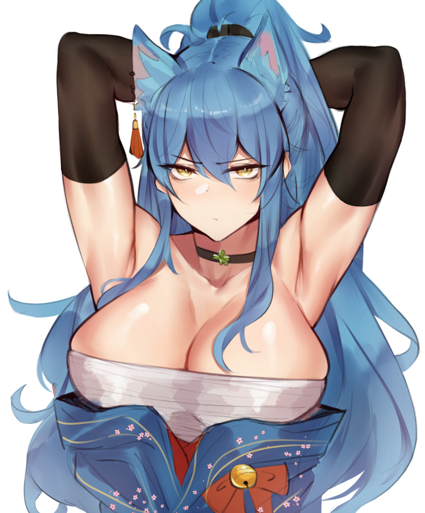 1girl absurdres animal_ears bare_shoulders bell black_gloves blue_hair blue_kimono breasts cat_ears choker cleavage deccatezu elbow_gloves gloves high_ponytail highres japanese_clothes jingle_bell kimono large_breasts long_hair looking_at_viewer off_shoulder original ponytail sarashi sidelocks solo tassel yellow_eyes