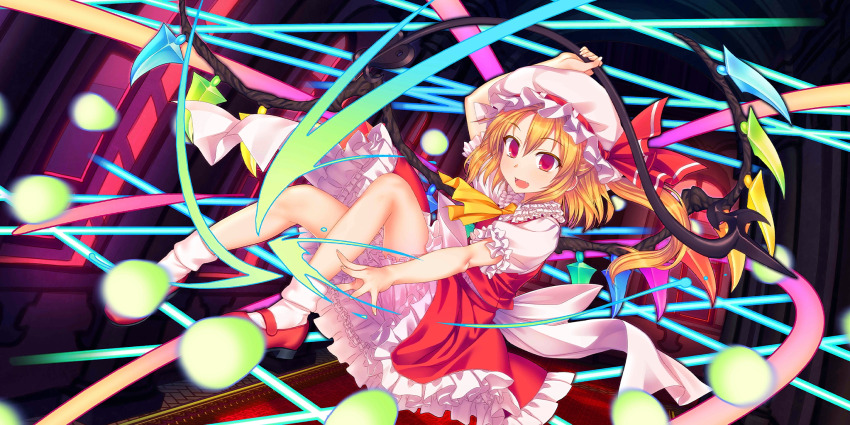 1girl ascot blonde_hair bloomers collared_shirt commentary crystal crystal_wings danmaku english_commentary flandre_scarlet frilled_shirt_collar frilled_skirt frills game_cg hat hat_ribbon highres holding holding_polearm holding_weapon laevatein_(touhou) long_hair looking_at_viewer mary_janes mob_cap multicolored_wings official_art one_side_up open_mouth polearm puffy_short_sleeves puffy_sleeves red_eyes red_shoes red_skirt red_vest ribbon shirt shoes short_sleeves skirt skirt_set smile socks solo third-party_source touhou touhou_lostword underwear upskirt vest weapon white_bloomers white_hat white_shirt white_socks wings yellow_ascot yuuki_keisuke