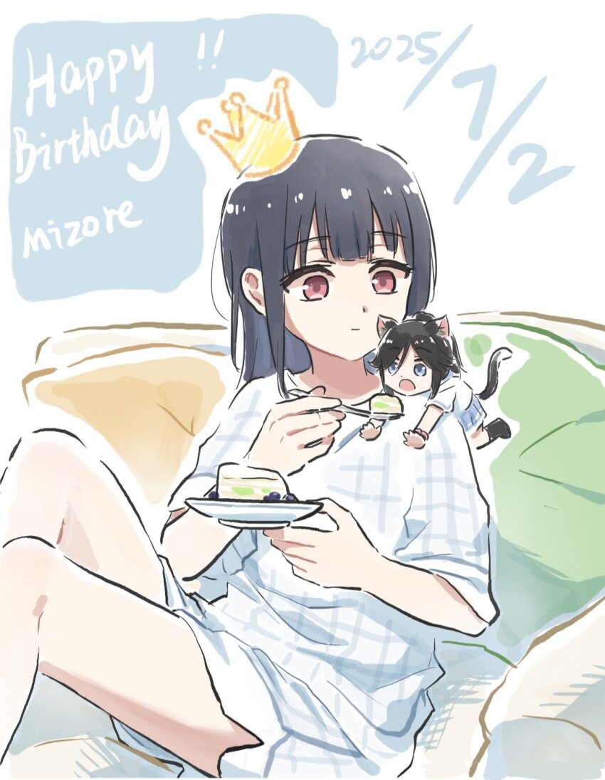 2girls animal_ears black_hair blue_eyes brown_hair cake cat_ears cat_girl cat_tail commentary dated food hair_between_eyes happy_birthday hibike!_euphonium highres kasaki_nozomi kemonomimi_mode liz_to_aoi_tori long_hair lyy multiple_girls red_eyes shirt shorts sidelocks sitting tail white_shirt white_shorts yoroizuka_mizore