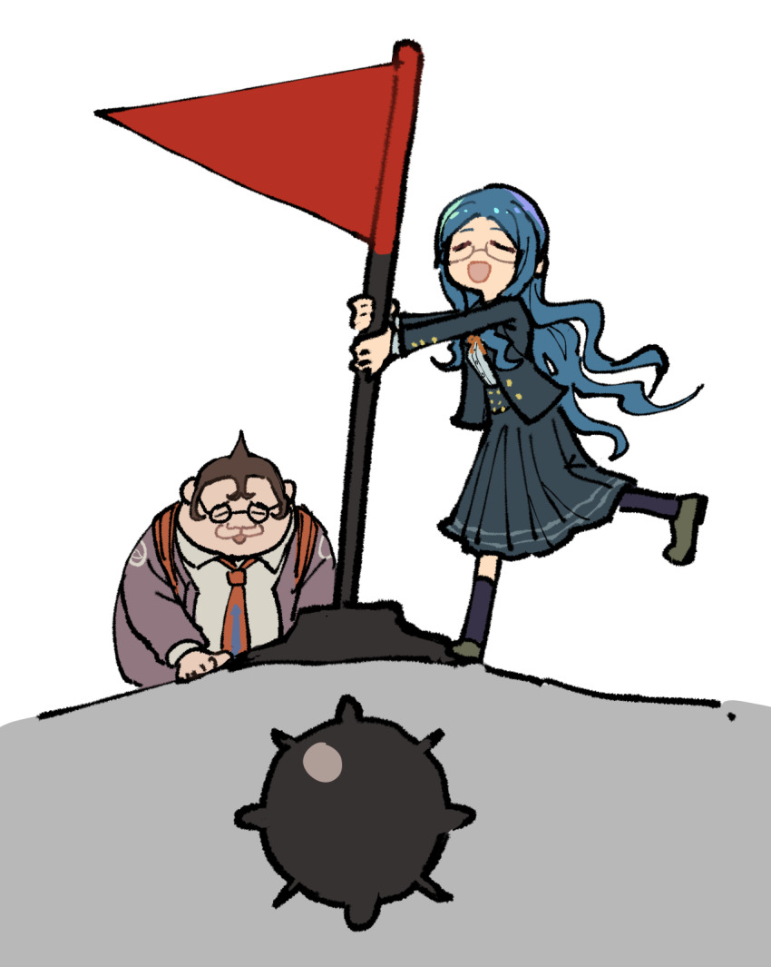 1girl :d black_skirt brown_hair brown_shoes collared_shirt danganronpa:_trigger_happy_havoc danganronpa_(series) danganronpa_v3:_killing_harmony fat fat_man flag glasses grey_shirt highres holding holding_flag jacket kneehighs minesweeper necktie open_clothes open_jacket open_mouth pleated_skirt shirogane_tsumugi shirt shoes short_hair simple_background skirt smile socks white_background yamada_hifumi youko-shima