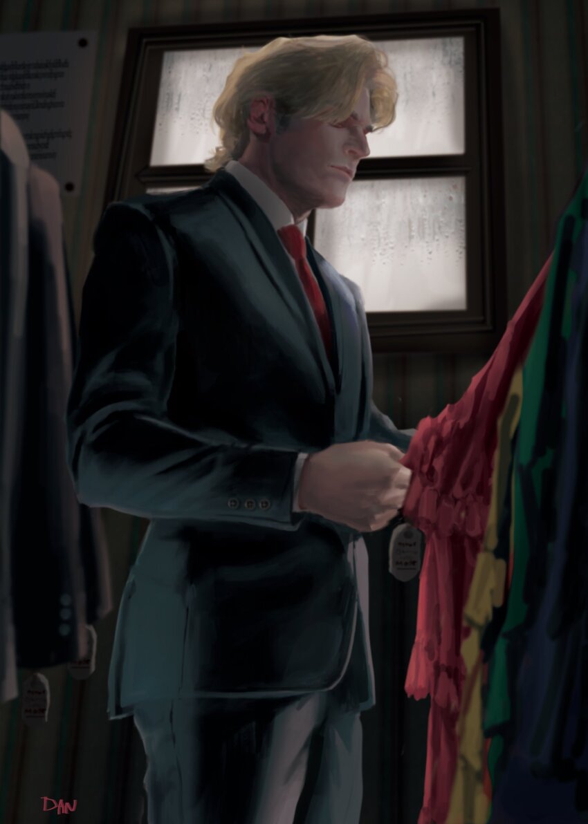 1boy black_jacket black_pants blonde_hair closed_mouth commentary_request danart14020 dio_brando dress formal_clothes highres holding indoors jacket jojo_no_kimyou_na_bouken long_sleeves male_focus necktie pants phantom_blood pink_dress realistic red_necktie shirt short_hair solo white_shirt window