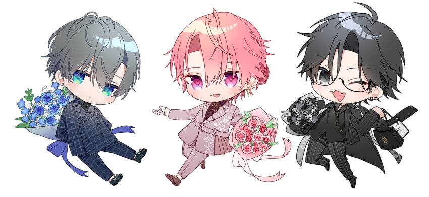 3boys ahoge bag belt black_eyes black_flower black_hair black_rose black_shirt black_shoes black_suit blue_eyes blue_flower blue_ribbon blue_rose blue_shoes blue_suit blush bouquet chibi chibi_only closed_mouth commentary_request ear_piercing earrings fangs flower formal_clothes gloves gradient_eyes grey_hair grey_ribbon grey_shirt hair_between_eyes half_gloves heart heart-shaped_pupils highres holding holding_bag holding_behind_back holding_bouquet huzurina_suruba jacket jewelry long_sleeves looking_at_viewer male_focus multicolored_eyes multiple_boys necklace one_eye_closed open_mouth original pants piercing pink_belt pink_eyes pink_flower pink_hair pink_ribbon pink_rose pink_shoes pink_suit ribbon rose shirt shoes shopping_bag short_hair simple_background skin_fangs standing standing_on_one_leg striped_clothes striped_jacket striped_pants striped_suit suit symbol-shaped_pupils white_background white_gloves