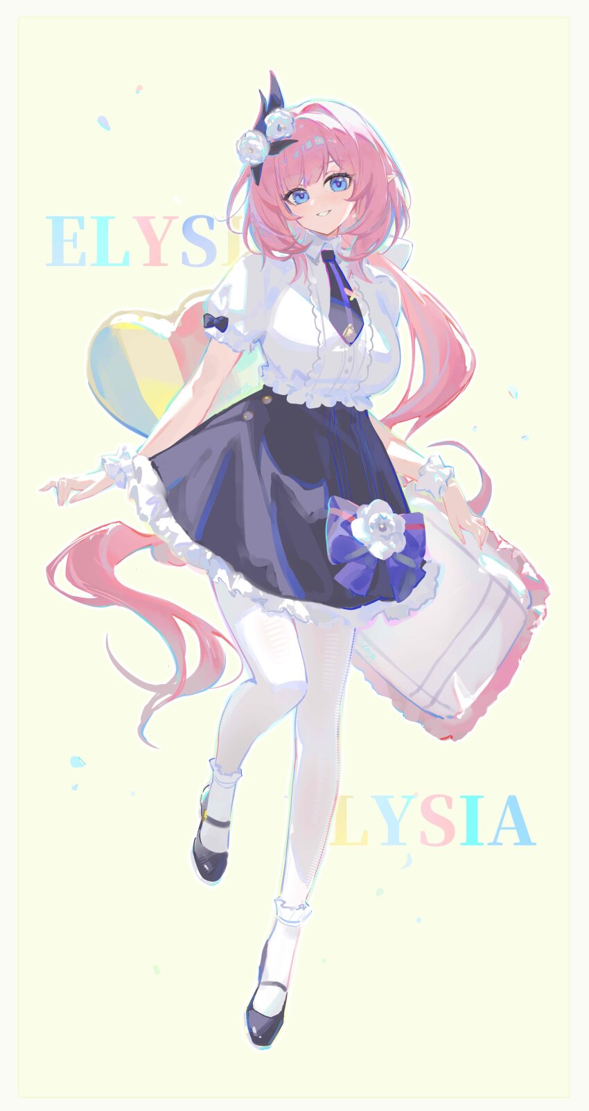 1girl absurdres alternate_costume black_necktie black_shoes black_skirt blue_eyes border bow breasts center_frills character_name collared_shirt commentary_request elysia_(honkai_impact) frills full_body hair_ornament highres honkai_(series) honkai_impact_3rd large_breasts long_hair looking_at_viewer necktie pantyhose parted_lips pink_hair pmg pointy_ears purple_bow shirt shoes short_sleeves skirt smile solo very_long_hair white_pantyhose white_shirt yellow_background yellow_border