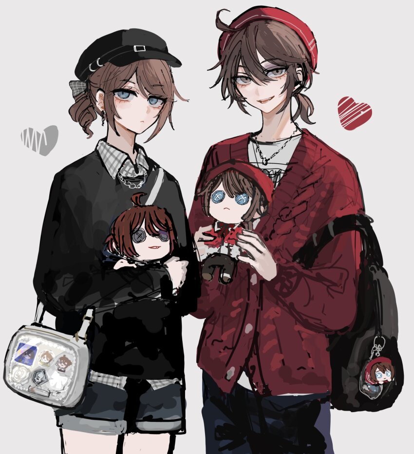 !_(rsa_yuhr) 2boys androgynous backpack bag beret black_sweater blue_eyes brown_eyes brown_hair character_doll denim denim_shorts doll ear_piercing earrings edgar_valden emo_fashion hat highres holding holding_doll hugging_doll hugging_object identity_v itabag jewelry long_sleeves luca_balsa multiple_boys pants piercing ponytail red_sweater shorts single_drill stuffed_toy sweater trap