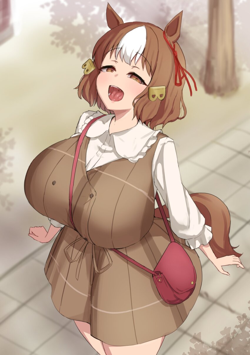 1girl absurdres alternate_breast_size animal_ears arms_at_sides bag belno_light_(umamusume) bow breasts brown_dress brown_eyes brown_hair collared_shirt commentary_request cowboy dress ear_ornament ear_ribbon from_above hair_ornament half-closed_eyes highres horse_ears horse_girl horse_tail huge_breasts letter_hair_ornament long_sleeves looking_at_viewer multicolored_hair noe_(ppppriver) open_mouth outdoors pinafore_dress red_bag red_ribbon ribbon shirt short_dress short_hair shoulder_bag sleeveless sleeveless_dress solo standing stone_walkway tail teeth tongue tree two-tone_hair umamusume umamusume:_cinderella_gray western white_hair white_shirt