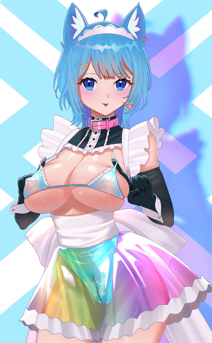 1girl ahoge alternate_costume animal_ear_piercing animal_ears bell belt bikini black_gloves blue_background blue_bikini blue_eyes blue_hair blush breasts buren closed_mouth covered_erect_nipples cowboy_shot crotch_zipper dog_ears dog_girl earrings elbow_gloves enmaided gloves hair_ornament heart heart_earrings highres iridescent jewelry large_breasts looking_at_viewer maid maid_bikini maid_headdress medium_hair nanashi_inc. neck_bell pink_belt sash see-through_clothes see-through_skirt shadow single_earring skirt smile solo souya_ichika strap_pull swimsuit tongue tongue_out unconventional_maid virtual_youtuber white_background white_sash wolf_cut x_hair_ornament