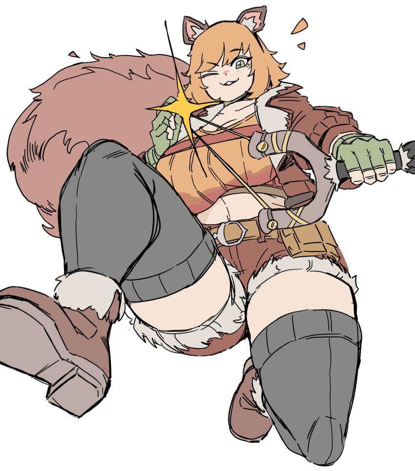 1girl absurdres aiming aiming_at_viewer animal_ears bamman breasts brown_footwear brown_jacket brown_tail buck_teeth cleavage crop_top flat_color freckles from_below gloves green_eyes highres jacket large_breasts large_tail looking_at_viewer marvel marvel_rivals navel one_eye_closed orange_hair short_hair short_shorts shorts slingshot_(weapon) smile solo squirrel squirrel_ears squirrel_girl squirrel_girl_(marvel) squirrel_tail tail teeth thick_thighs thighhighs thighs white_background