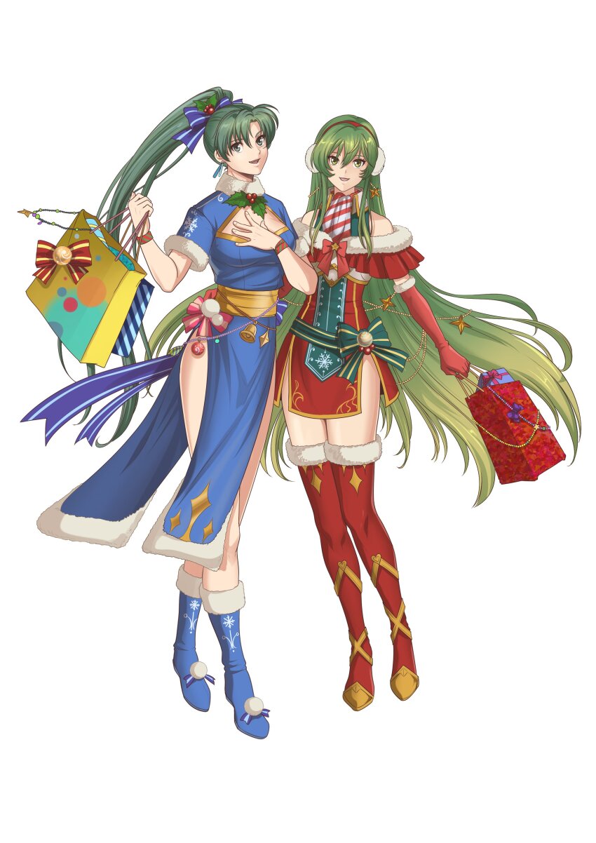 2girls absurdres autumn-sacura bag blue_dress blue_shoes boots box christmas dress earrings elbow_gloves erinys_(fire_emblem) fire_emblem fire_emblem:_genealogy_of_the_holy_war fire_emblem:_the_blazing_blade fire_emblem_heroes gift gift_box gloves green_eyes green_hair hair_ornament highres jewelry long_hair lyn_(fire_emblem) multiple_girls nintendo ponytail red_dress red_gloves second-party_source shoes shopping_bag side_slit simple_background smile thigh_boots white_background