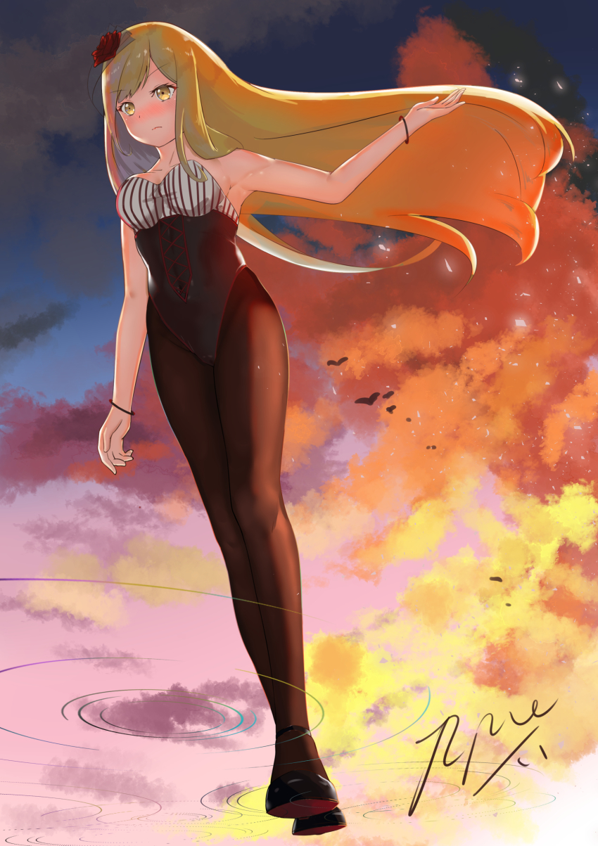 1girl absurdres bare_shoulders blonde_hair blue_sky blush bracelet breasts cleavage cloud covered_navel flower hair_flower hair_ornament high_heels highres jewelry leotard long_hair original pantyhose rpku sky solo strapless strapless_leotard sunset very_long_hair yellow_eyes